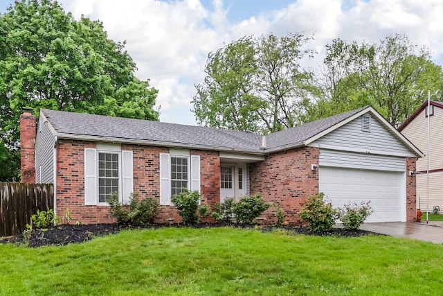 ranch-style home featuring brick siding, a garage, concrete driveway, and roof with shingles