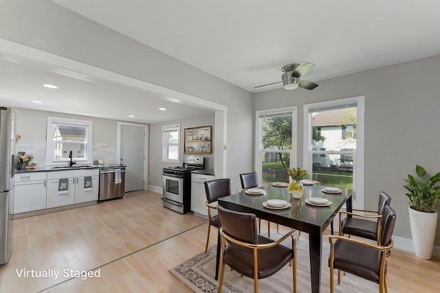 901 Campbell Ave, Columbus, OH 43223 - dining space with light wood-style flooring, ceiling fan, recessed lighting, and baseboards