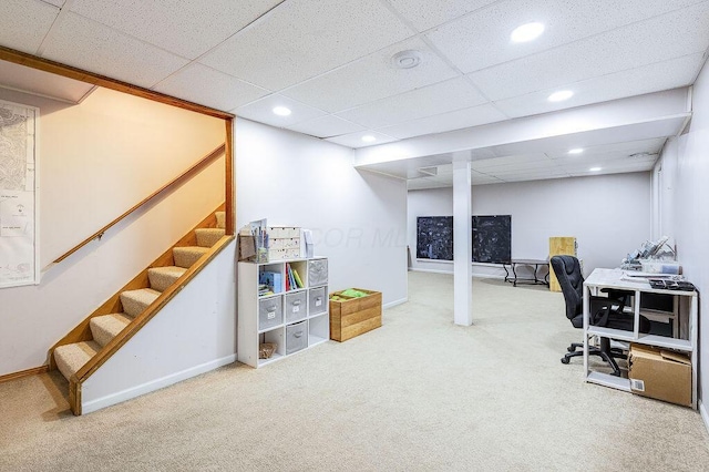carpeted office space with baseboards and recessed lighting