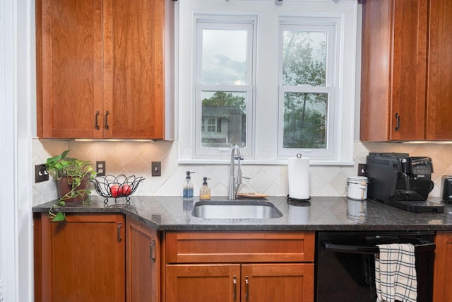 2842 Powell Ave, Columbus, OH 43209 - kitchen with black dishwasher, a sink, dark stone counters, and decorative backsplash