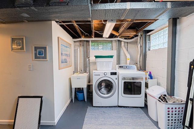 2842 Powell Ave, Columbus, OH 43209 - laundry room featuring washer and dryer, baseboards, and concrete block wall