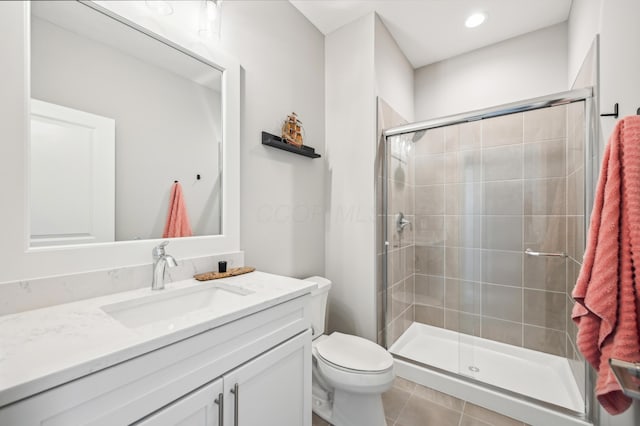 full bath with a shower stall, toilet, vanity, and recessed lighting
