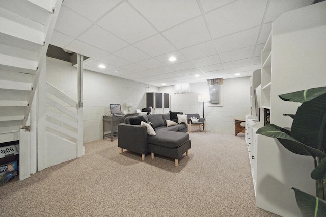 4097 Garrard Dr, Obetz, OH 43207 - carpeted living room featuring concrete block wall, recessed lighting, and electric panel