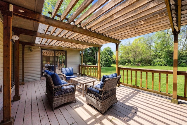 6730 Tussic Rd, Westerville, OH 43082 - wooden deck featuring a pergola, an outdoor living space, a lawn, and view of wooded area