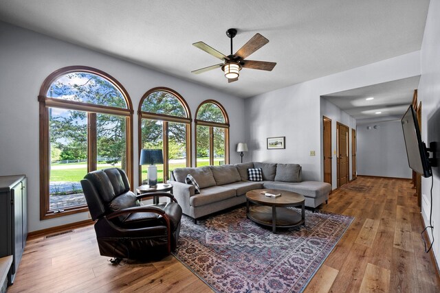 6730 Tussic Rd, Westerville, OH 43082 - living room featuring ceiling fan, healthy amount of natural light, hardwood / wood-style floors, and baseboards
