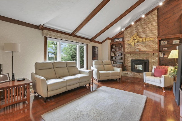 living room featuring high vaulted ceiling, track lighting, a fireplace, wood-type flooring, and beamed ceiling