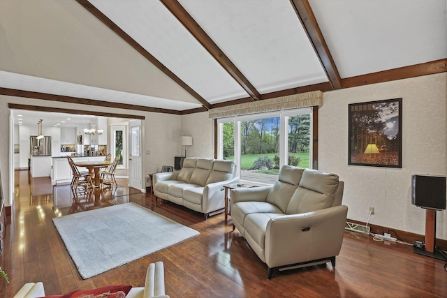 living area featuring high vaulted ceiling, dark wood-type flooring, baseboards, beamed ceiling, and a chandelier
