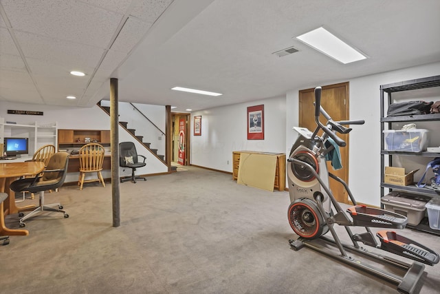 exercise area with carpet flooring, visible vents, and recessed lighting