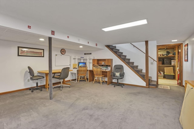 office space with carpet flooring, baseboards, and recessed lighting
