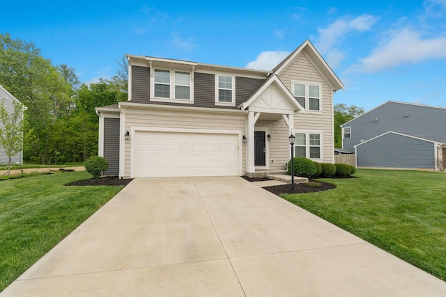 traditional-style house with an attached garage, concrete driveway, and a front lawn