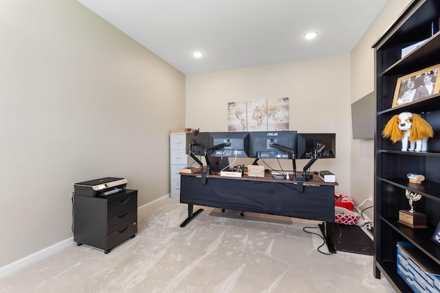 home office with carpet flooring, baseboards, and recessed lighting