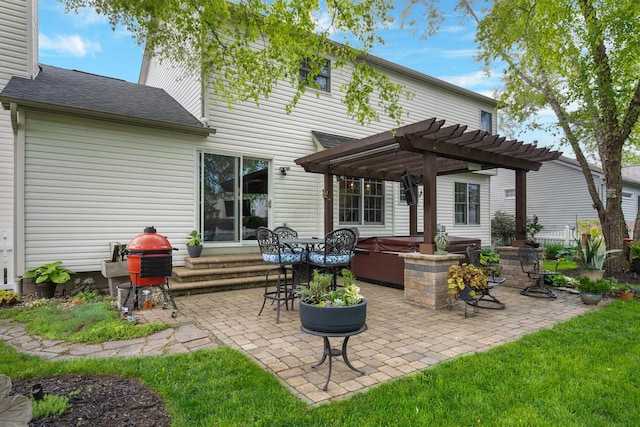 670 Mill Wood Blvd, Marysville, OH 43040 - rear view of house with a hot tub, a pergola, a patio, and roof with shingles