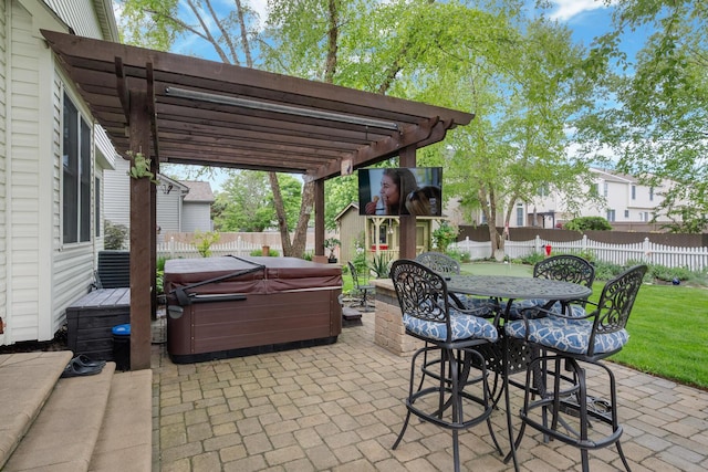 670 Mill Wood Blvd, Marysville, OH 43040 - view of patio with a hot tub, a fenced backyard, a pergola, and outdoor dining area