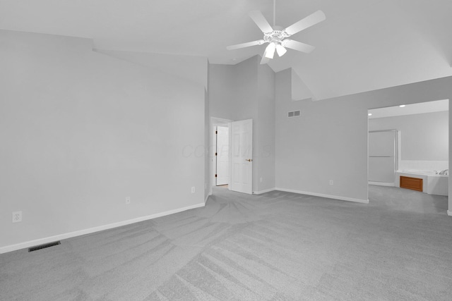 7553 Indian Creek Way, Powell, OH 43065 - unfurnished living room with ceiling fan, carpet flooring, and high vaulted ceiling