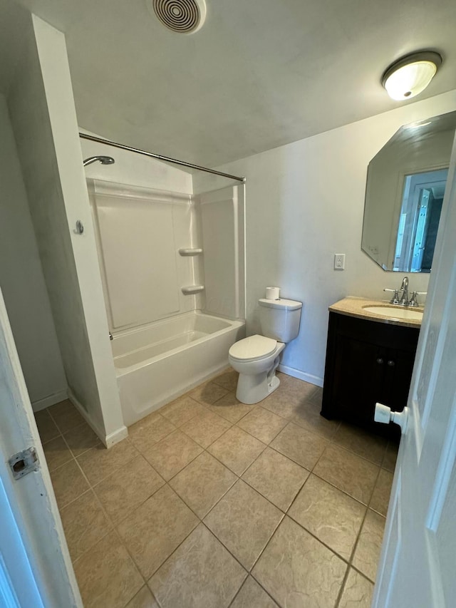 full bath with shower / bathtub combination, toilet, visible vents, tile patterned flooring, and vanity