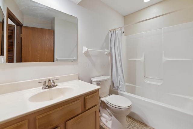full bath featuring toilet, shower / tub combo, and vanity