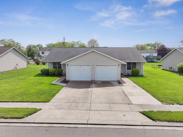 ranch-style home featuring a garage, a front yard, a shingled roof, and driveway
