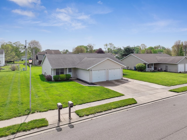 ranch-style home with an attached garage, roof with shingles, driveway, and a front lawn