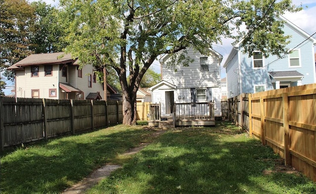 view of yard featuring a fenced backyard and a deck