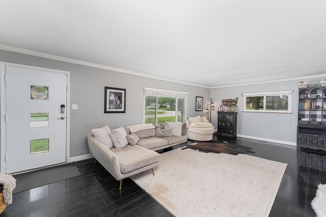 2101 Eastcleft Dr, Upper Arlington, OH 43221 - living room featuring ornamental molding, baseboards, and dark wood-type flooring