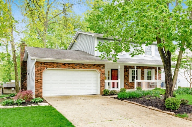 view of front of house featuring a chimney, brick siding, covered porch, an attached garage, and concrete driveway