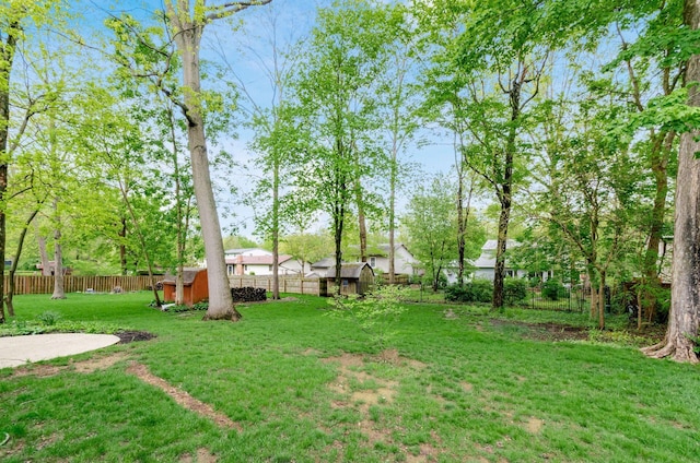 view of yard with an outdoor structure, a fenced backyard, and a storage unit