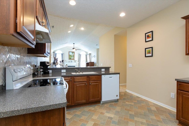 6227 Stonewalk Ln, New Albany, OH 43054 - kitchen featuring dishwasher, ceiling fan, a sink, electric stove, and dark countertops