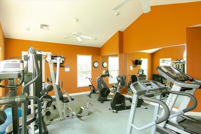 6227 Stonewalk Ln, New Albany, OH 43054 - exercise room featuring baseboards, visible vents, lofted ceiling, and a ceiling fan