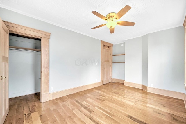 661-663 Beech St, Columbus, OH 43206 - unfurnished bedroom with ornamental molding, wood finished floors, baseboards, and a ceiling fan