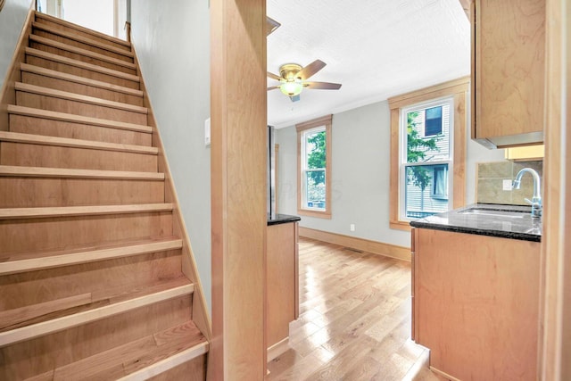 661-663 Beech St, Columbus, OH 43206 - stairway featuring wood finished floors, a ceiling fan, and baseboards