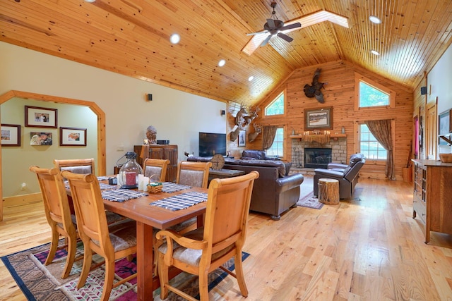 dining space with light wood finished floors, ceiling fan, wood ceiling, high vaulted ceiling, and a fireplace
