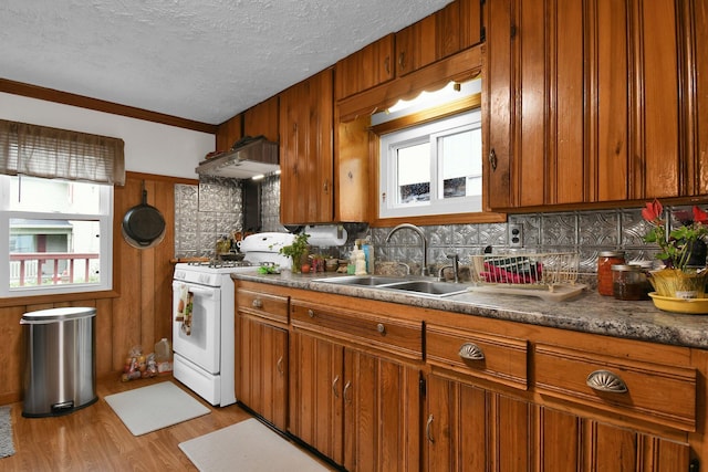 kitchen with under cabinet range hood, plenty of natural light, a sink, brown cabinets, and white range with gas cooktop
