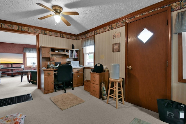 office space with a textured ceiling, visible vents, crown molding, ceiling fan, and light carpet