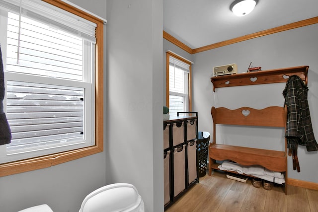 bedroom with light wood finished floors, crown molding, and baseboards