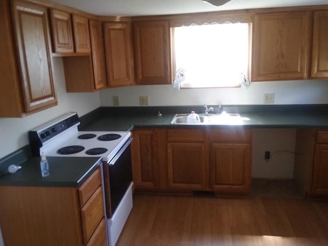 kitchen with a sink, brown cabinets, wood finished floors, electric range, and dark countertops