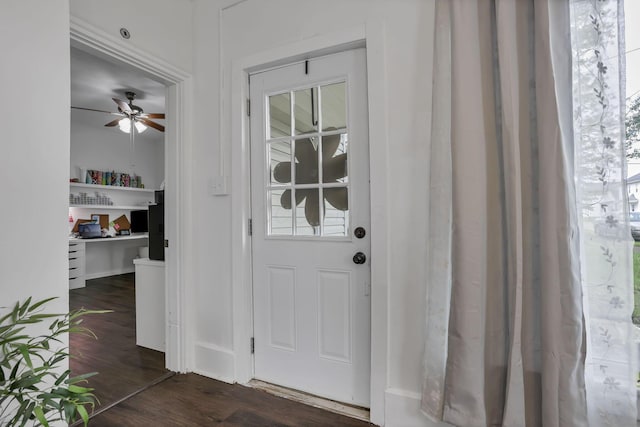 118 Maple St, Hebron, OH 43025 - doorway to outside with dark wood-style flooring and ceiling fan