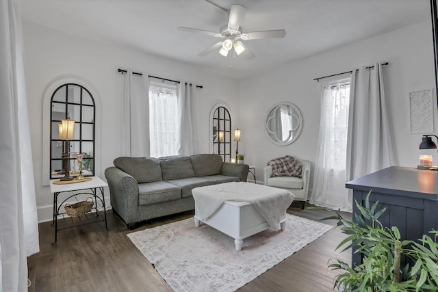 118 Maple St, Hebron, OH 43025 - living room featuring plenty of natural light, ceiling fan, and dark wood-style flooring