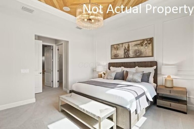 bedroom with baseboards, a chandelier, visible vents, and wood ceiling