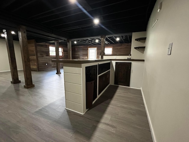 12601 Vincent Rd, Mount Vernon, OH 43050 - kitchen featuring open shelves, baseboards, wood finished floors, and wooden walls