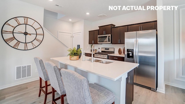 kitchen featuring dark brown cabinets, light wood-style flooring, a breakfast bar, stainless steel appliances, and visible vents
