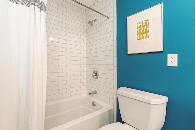 full bathroom with toilet and shower / bathtub combination with curtain