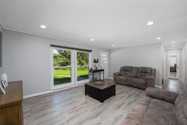 26 Garrick St, Newark, OH 43055 - living room with crown molding, baseboards, light wood-type flooring, and recessed lighting