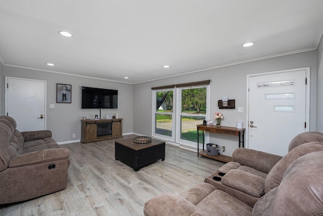26 Garrick St, Newark, OH 43055 - living room featuring light wood-style floors, ornamental molding, recessed lighting, and baseboards