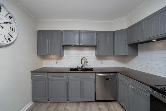 26 Garrick St, Newark, OH 43055 - kitchen with appliances with stainless steel finishes, dark countertops, gray cabinets, and crown molding