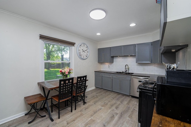 26 Garrick St, Newark, OH 43055 - kitchen featuring a sink, dishwasher, ornamental molding, gray cabinets, and tasteful backsplash