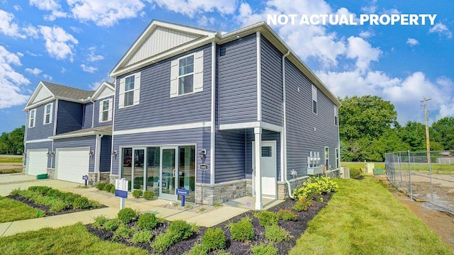 view of front facade featuring fence, a garage, central AC, concrete driveway, and stone siding