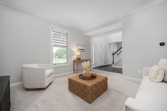 382 Beecher Rd, Columbus, OH 43230 - carpeted living area with stairs, ornamental molding, and baseboards