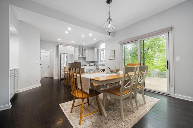 382 Beecher Rd, Columbus, OH 43230 - dining room featuring recessed lighting, dark wood finished floors, baseboards, and lofted ceiling