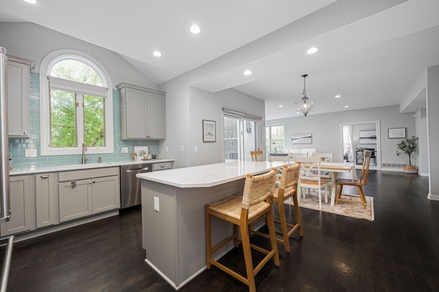 382 Beecher Rd, Columbus, OH 43230 - kitchen featuring dishwasher, a sink, gray cabinets, recessed lighting, and dark wood-style flooring
