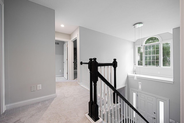 382 Beecher Rd, Columbus, OH 43230 - hallway featuring an upstairs landing, carpet flooring, baseboards, and recessed lighting